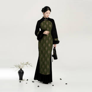 连衣裙女修身 织造司 丝绒改良旗袍长袖 新中式 鱼尾裙半身裙 青黛湖