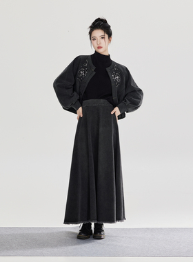 织造司[玄燕归]新中式圆领复古水洗做旧牛仔外套半高领毛衣半身裙