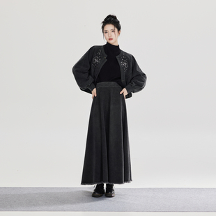 织造司[玄燕归]新中式圆领复古水洗做旧牛仔外套半高领毛衣半身裙