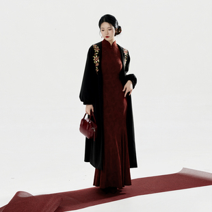 织造司[暮山茶]新中式束口泡泡袖绣花翻领呢子大衣女外套2025新款