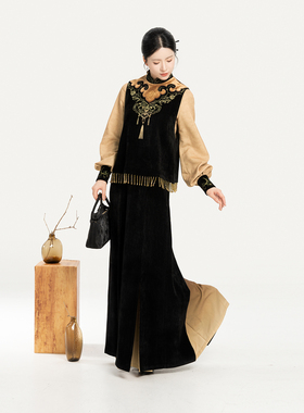 织造司×广东省博物馆联名走秀款【如意玄金】马甲衬衫改良三裥裙