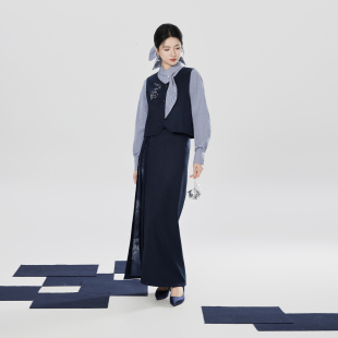 上衣长裙一片式 织造司 马甲女条纹衬衫 新中式 宋旋裙改良汉服 依兰