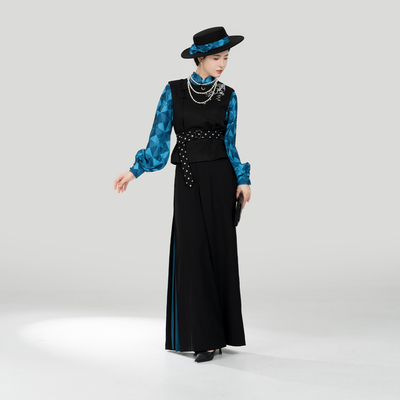 织造司[落梅引]新中式五毒水田纹绣花马甲立领衬衫改良宋裤阔腿裤