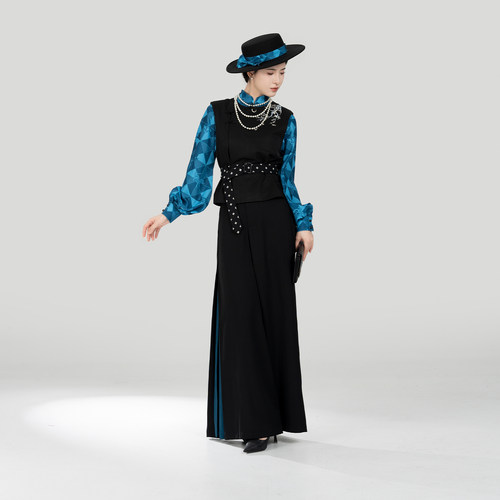 织造司[落梅引]新中式五毒水田纹绣花马甲立领衬衫改良宋裤阔腿裤