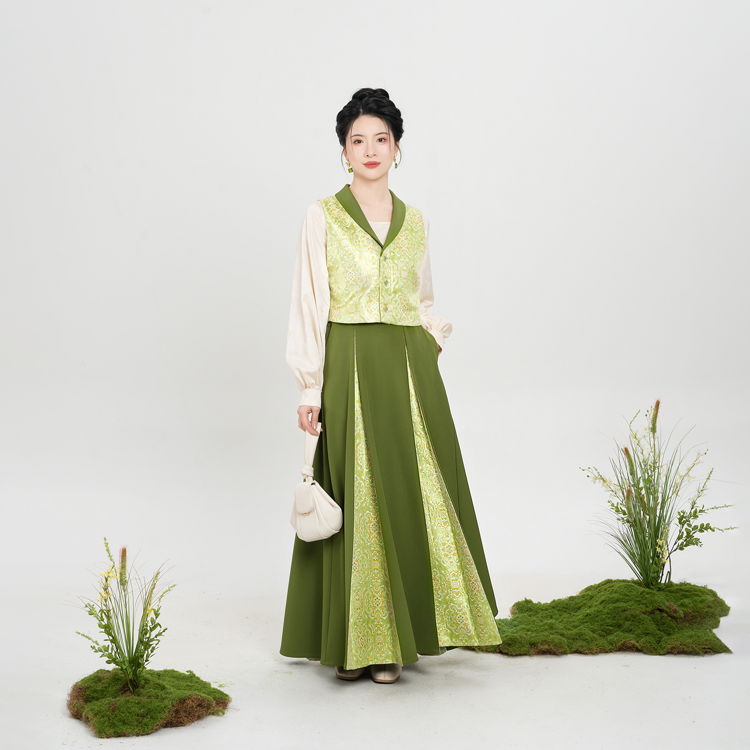 织造司[翠茵]原创仿宋锦宝相花纹翻领马甲上衣松紧腰改良三裥长裙