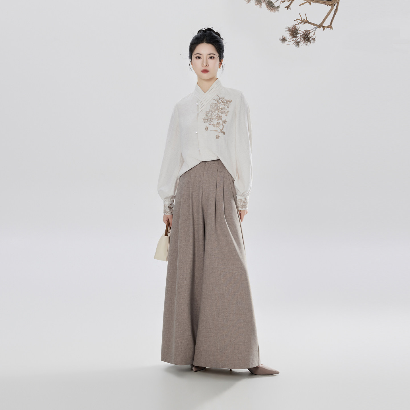 织造司[松玉]新中式国风长袖衬衫上衣改良宋裤汉服百褶裙半身裙女