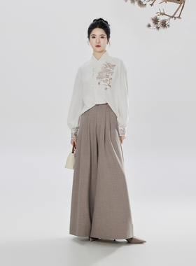 织造司[松玉]新中式国风长袖衬衫上衣改良宋裤汉服百褶裙半身裙女