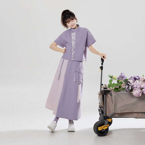 织造司[寻山意]新中式宽松户外风穿搭套装立领上衣半身裙a字裙子