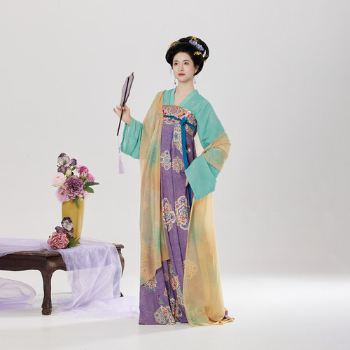 织造司[盛风华]原创唐制汉服上襦改良妆花拼接齐胸吊带裙雪纺披帛