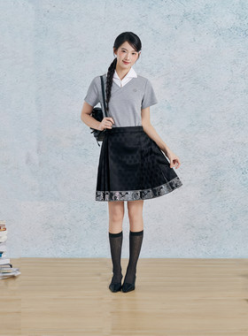 织造司[灰阶铃响]学院风假两件短袖T恤上衣女短款马面裙改良汉服