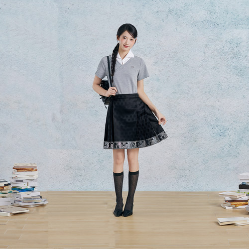 织造司[灰阶铃响]学院风假两件短袖T恤上衣女短款马面裙改良汉服
