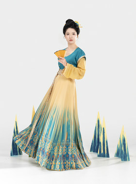 织造司[蓝珀金沙]艾德莱斯花卉纹唐制汉服唐褙子圆领衫八破裙日常