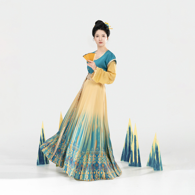 织造司[蓝珀金沙]艾德莱斯花卉纹唐制汉服唐褙子圆领衫八破裙日常