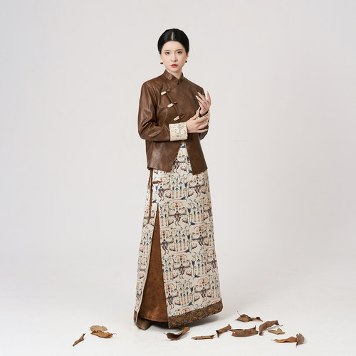 现货织造司[墨羽谦]华彩东方秀款新中式国风皮衣外套女夹克半身裙