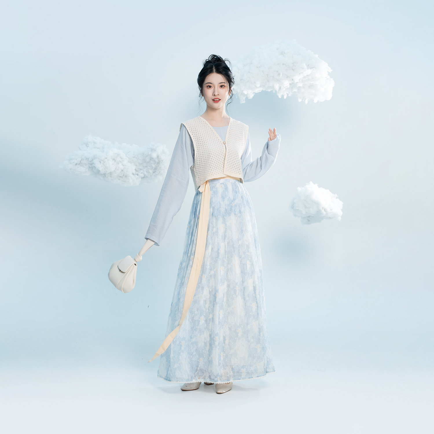 织造司[小蓝花]原创唐改良汉元素蕾丝唐褙子圆领衫一片式齐腰褶裙