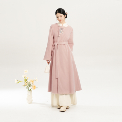 织造司[晚香意]新中式圆领毛呢外套中长款国风呢子大衣连衣裙套装