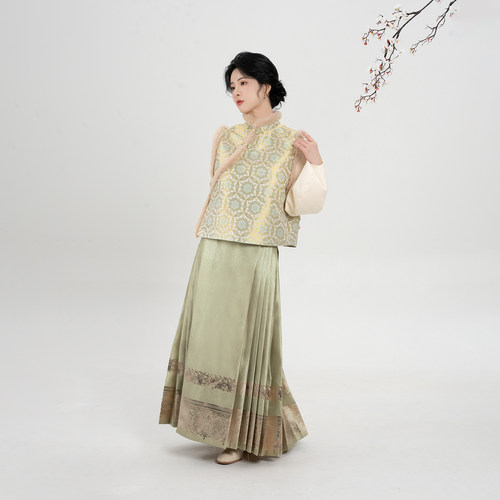 织造司[金光霖霖]新中式国风仿宋锦提花无袖马甲棉服秋冬背心套装