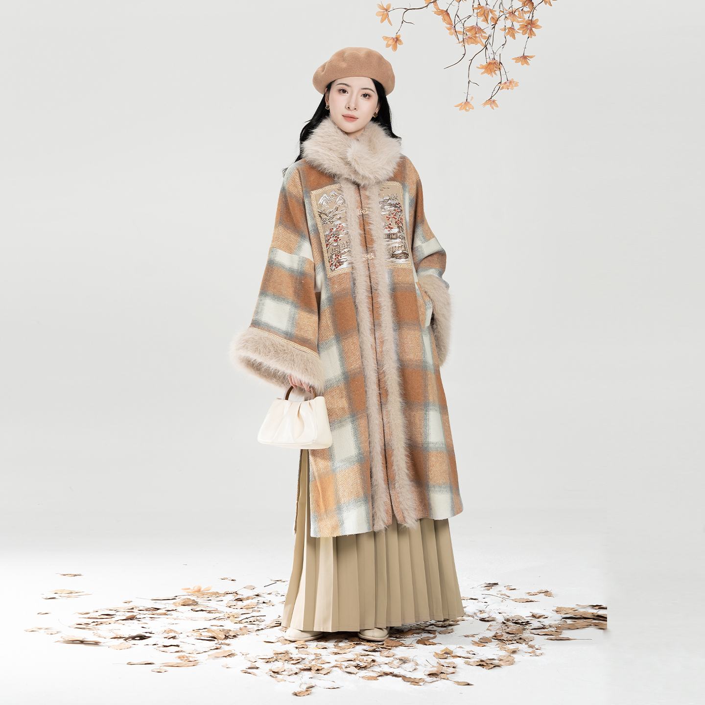 织造司[晚风欲雪]新中式圆领补大衣外套高领毛衣打底衫百褶裙套装