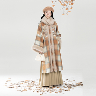 织造司[晚风欲雪]新中式圆领补大衣外套高领毛衣打底衫百褶裙套装