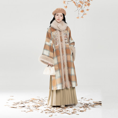 织造司[晚风欲雪]新中式圆领补大衣外套高领毛衣打底衫百褶裙套装