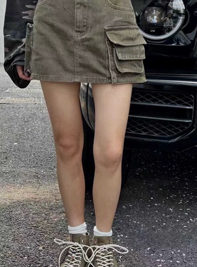 诗歌兰女装2025早秋新款 93060复古街头美式高腰半裙口袋工装裙女