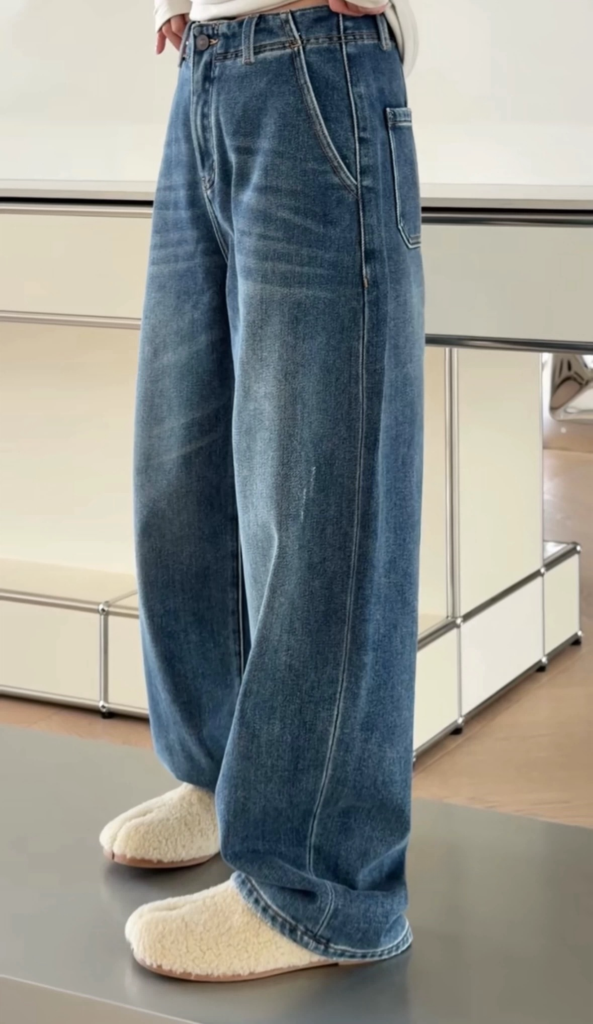 诗歌兰新款女装2025冬款 6124休闲美式复古磨破直筒裤加绒牛仔裤