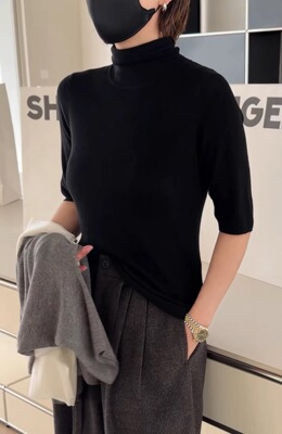 现诗歌兰2026春款女装 27518知性优雅法式堆堆领中袖针织打底衫女