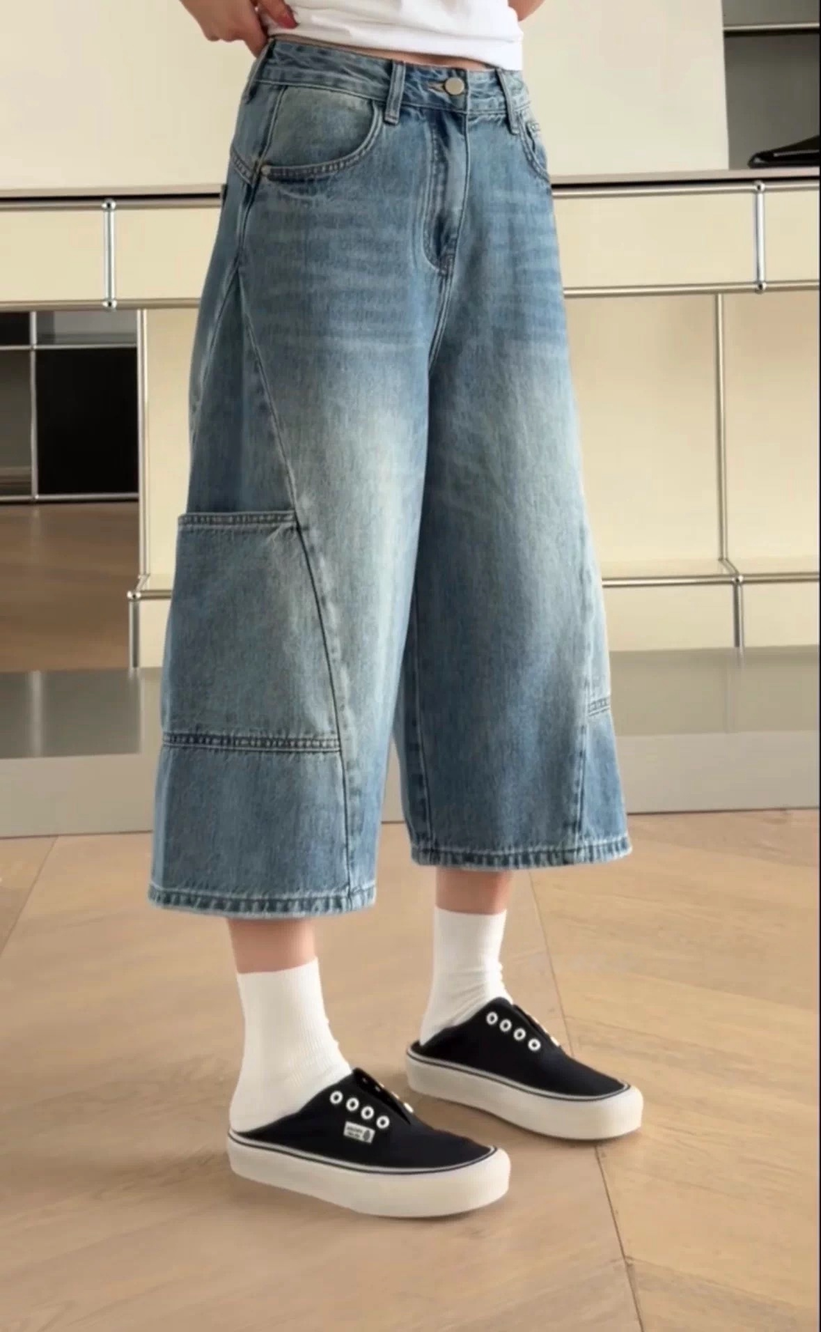 诗歌兰女装2026春款 37213潮流个性美式七分裤短裤口袋工装牛仔裤