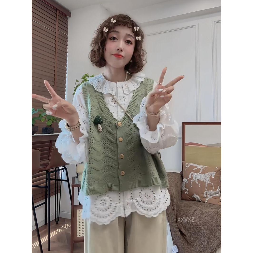 夏季新款甜美镂空长袖娃娃衫荷叶边长袖衬衫上衣女减龄薄款小衫