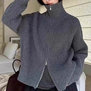 色韩国东大门egg鸡蛋双拉链翻领外套厚实针织毛衣外穿