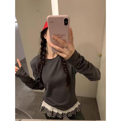 撞色格子浪漫蕾丝荷叶边设计感长袖女洋气时尚打底衫螺纹德绒上衣