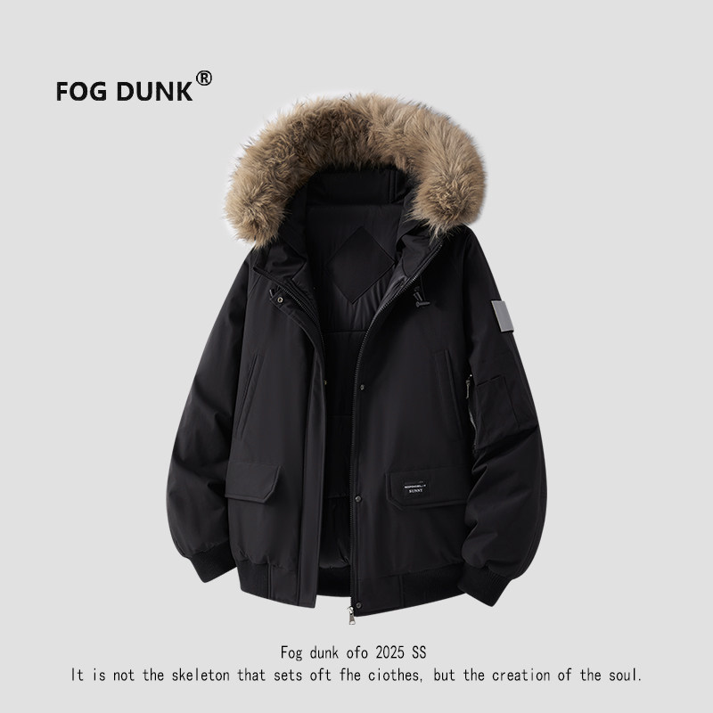 FOG DUNK美式毛领羽绒棉服男女款冬季加厚棉袄连帽派克服外套男