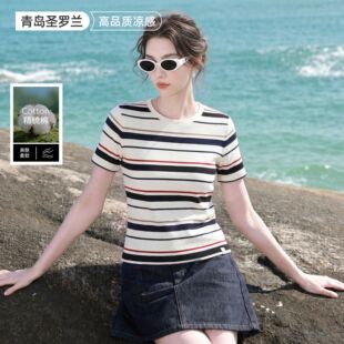 小禾女装彩色条纹短袖女t恤针织衫女款打底衣上衣半袖T恤夏高级感