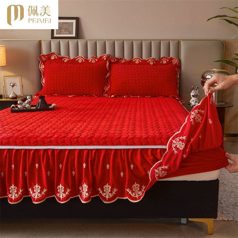 结婚庆大红色牛奶绒床笠三件套加厚法兰绒夹棉单件秋冬季保暖床套