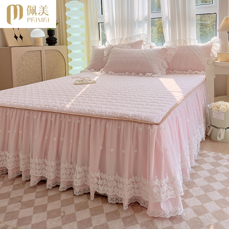 泡泡纱夹棉蕾丝床裙三件套