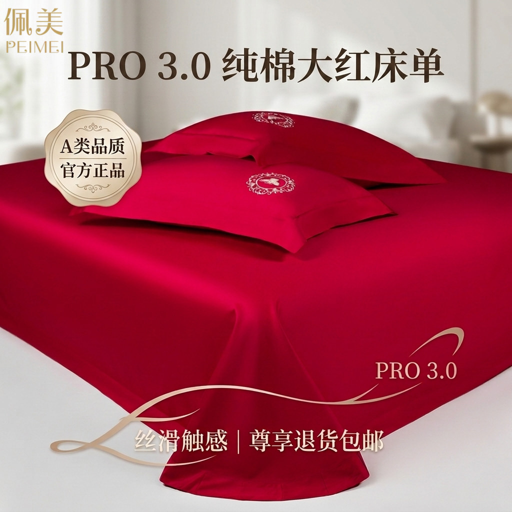 新款双股长绒棉纯棉床单三件套高级感结婚喜庆大红色全棉被单床罩