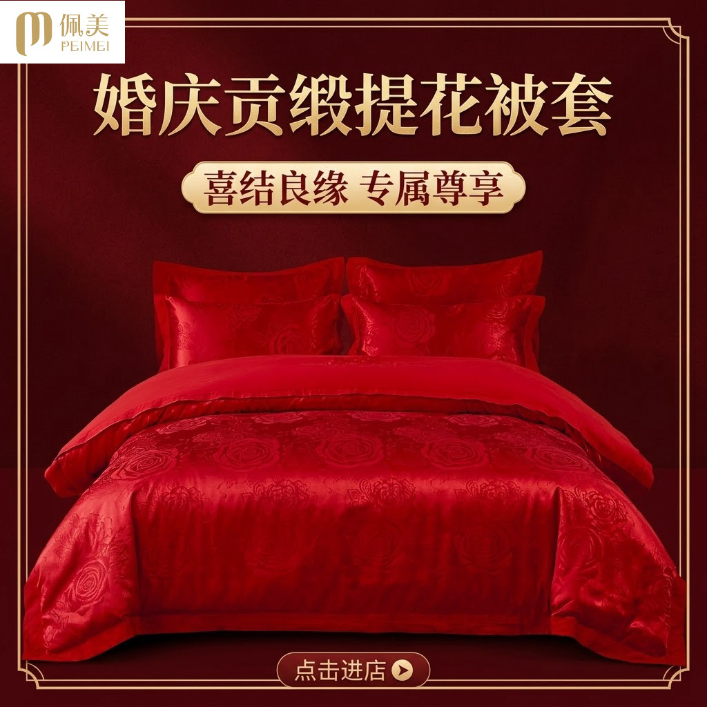 简约风结婚庆大红色刺绣花被套