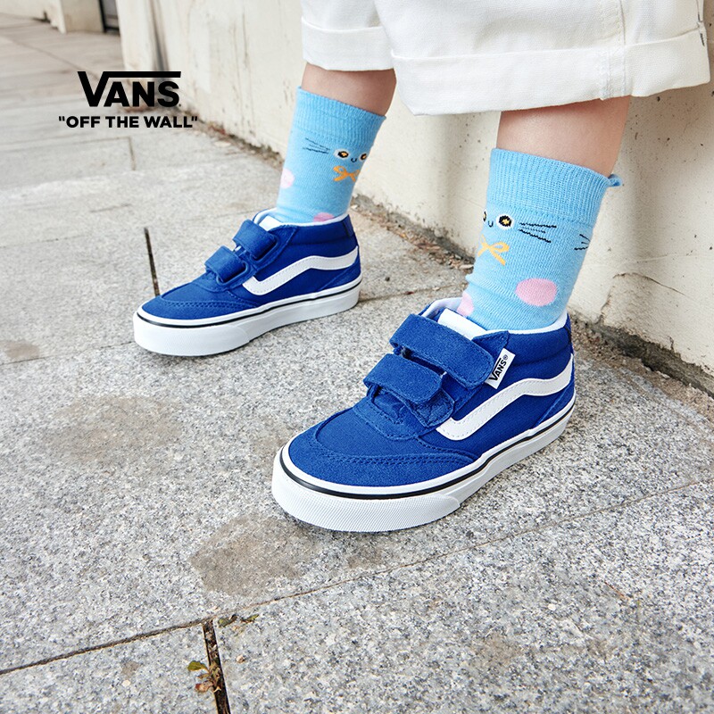 Vans范斯童鞋官方 Brooklyn Mid V蓝色魔术贴中大童板鞋