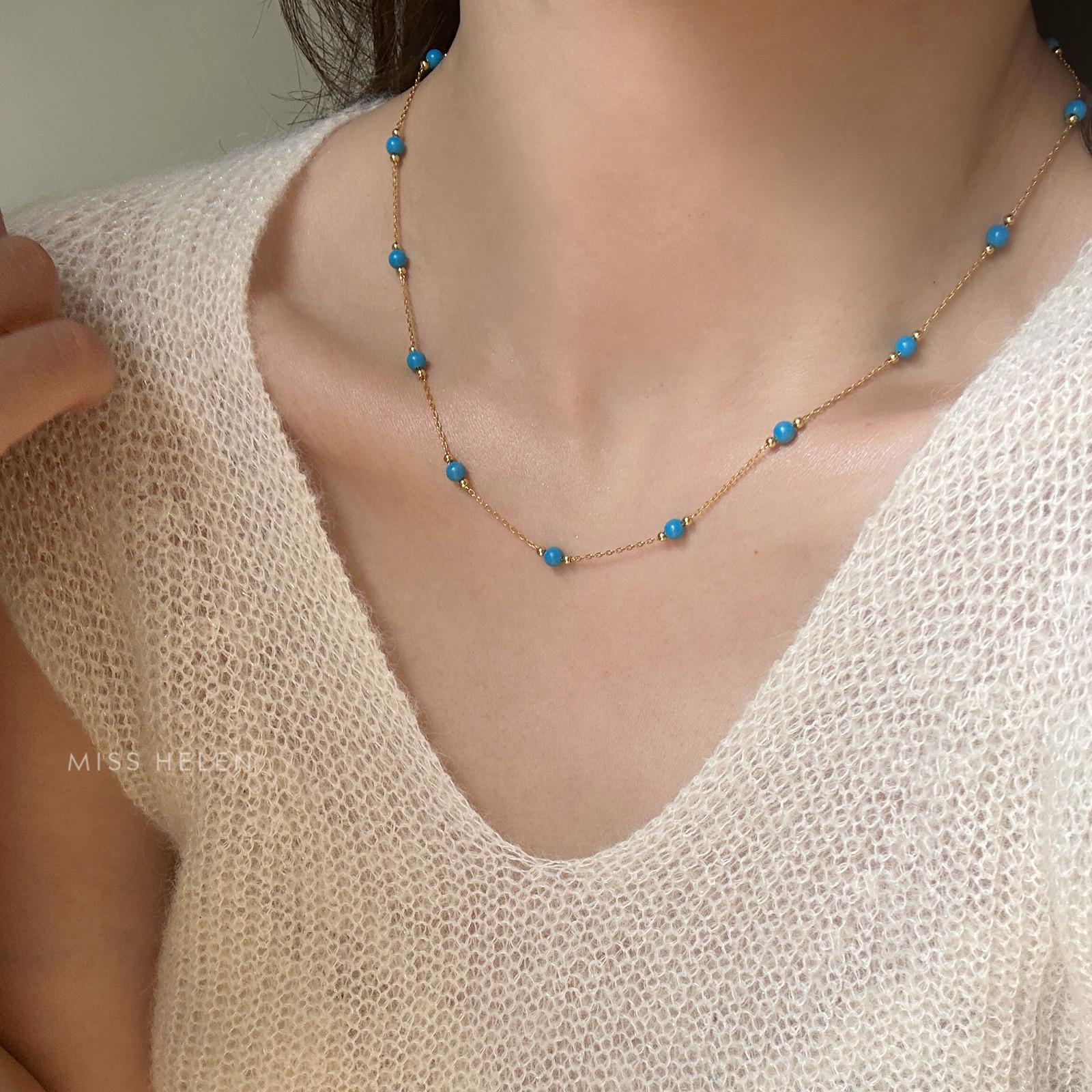 蓝松石新品原创设计叠戴银项链