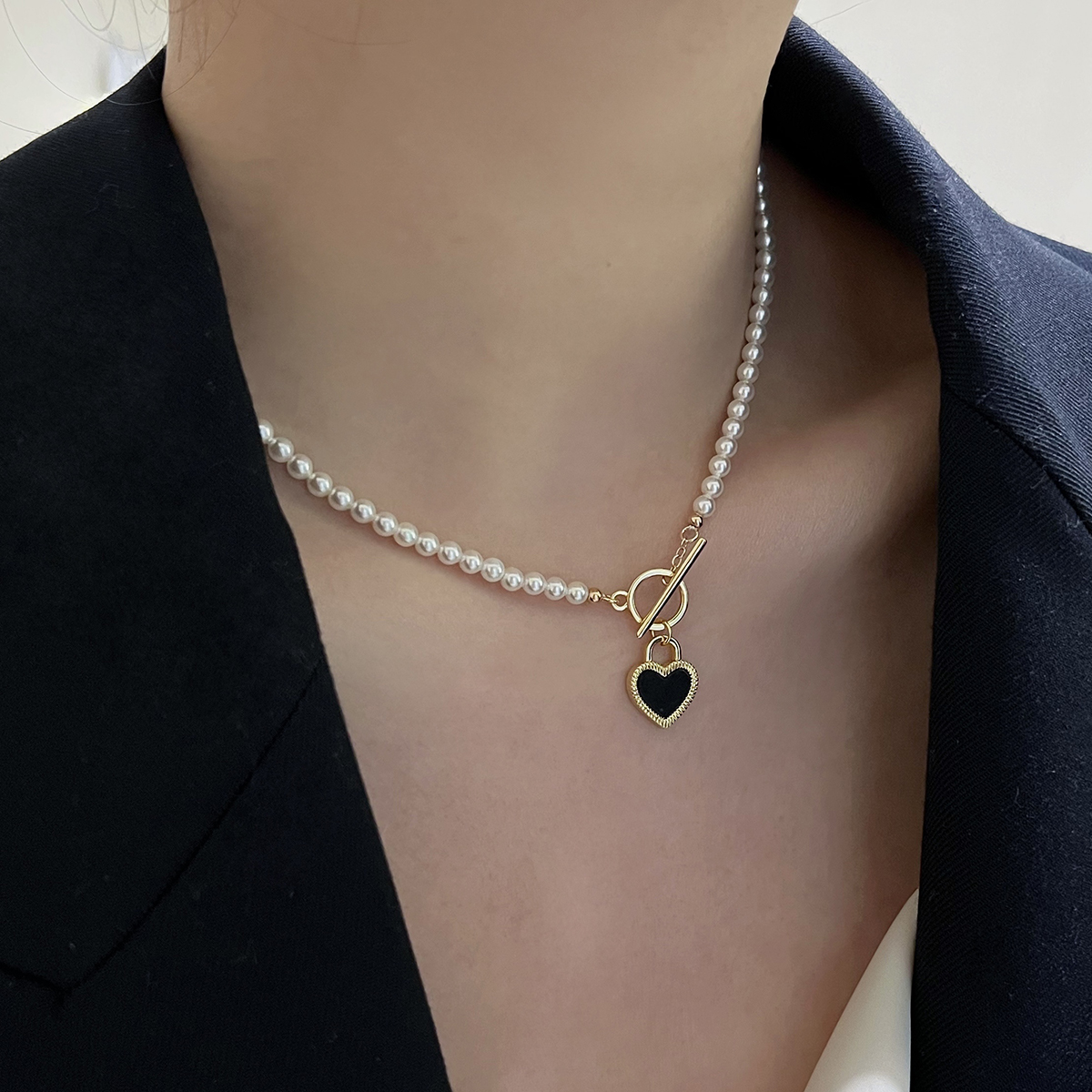 桃心施家仿水晶珍珠项链锁骨链