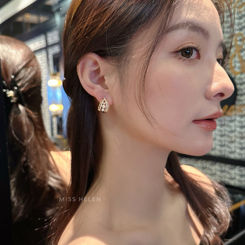 MISS HELEN蕾丝仿珍珠耳夹女耳钉高档水晶气质耳环蚊香盘无耳洞