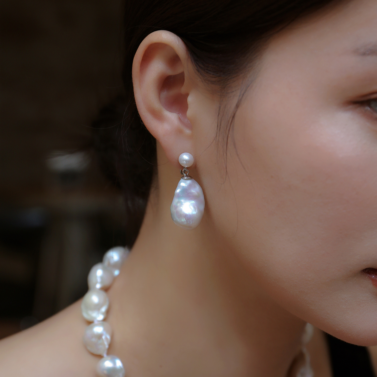 原创设计天然大巴洛克珍珠蚊香盘无耳洞耳夹耳坠耳钉耳环法式耳饰