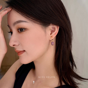 气质 夏季 Miss Helen刻面桶珠紫水晶耳夹女高保色耳钉耳饰2025新款