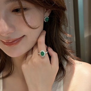 MISS 碧月绿玉髓925银戒指女玉石蛋面微镶锆石指环气质优雅 HELEN