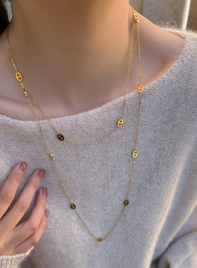 重工保色黄金色长款猪鼻子扣毛衣链金属高级感双圈项链大牌感小众