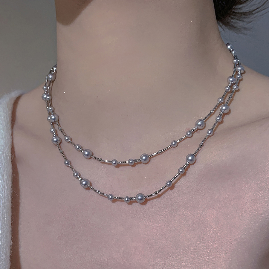 MISS HELEN星光施家铂金灰珍珠项链短款仿真多麻锁骨链女满天星