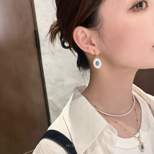 MISS 复古小众耳环耳饰 HELEN茶白」绿松石耳钉耳夹女硅胶春夏法式