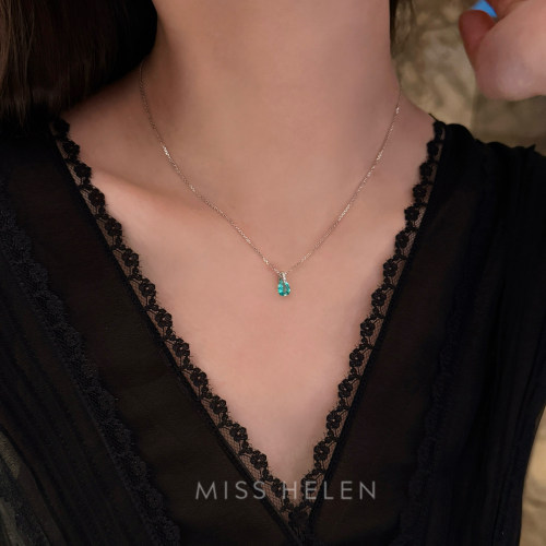 MISS HELEN 帕拉伊巴水滴S925银项链复古风蓝色吊坠锁骨链显白