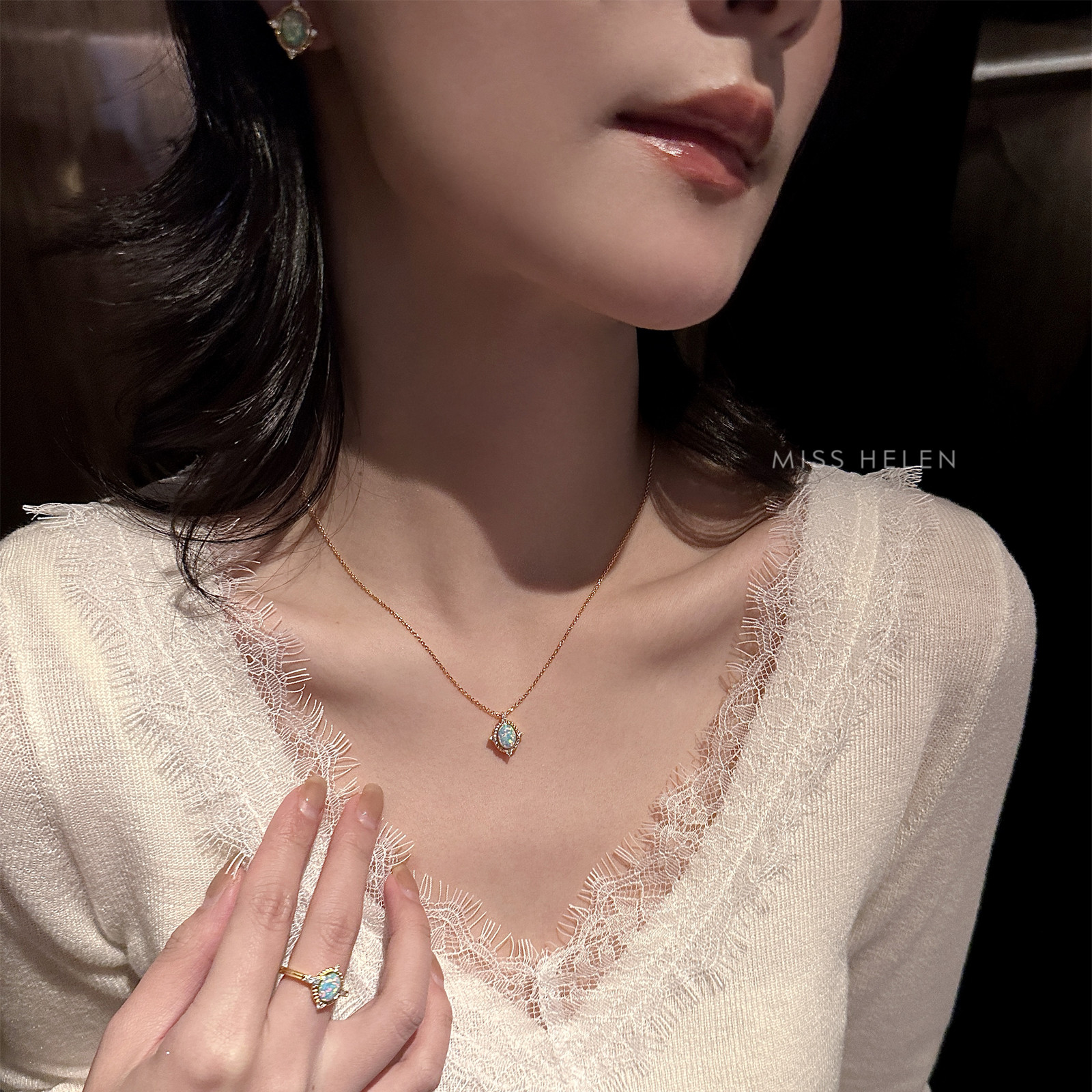 Miss Helen油彩」欧泊S925银项链女独特轻奢小众复古高级锁骨链春