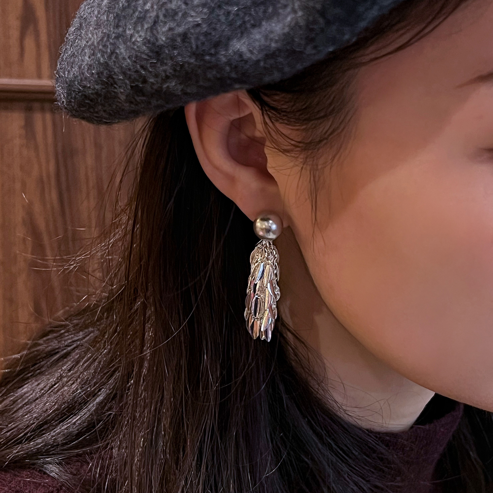 清冷树叶链流苏耳钉无耳洞耳夹